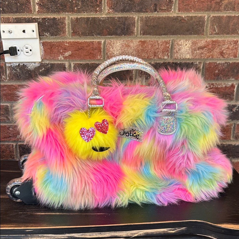 Justice Girls Emoji Fuzzy Rainbow Rolling Carry On Luggage bag light up wheels